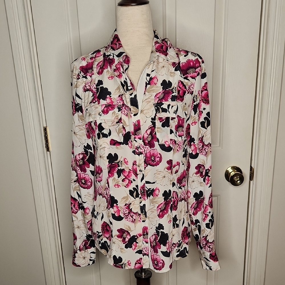 White House Black Market Floral Blouse - Pink and Black